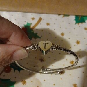 Silver Heart T Initial Bracelet